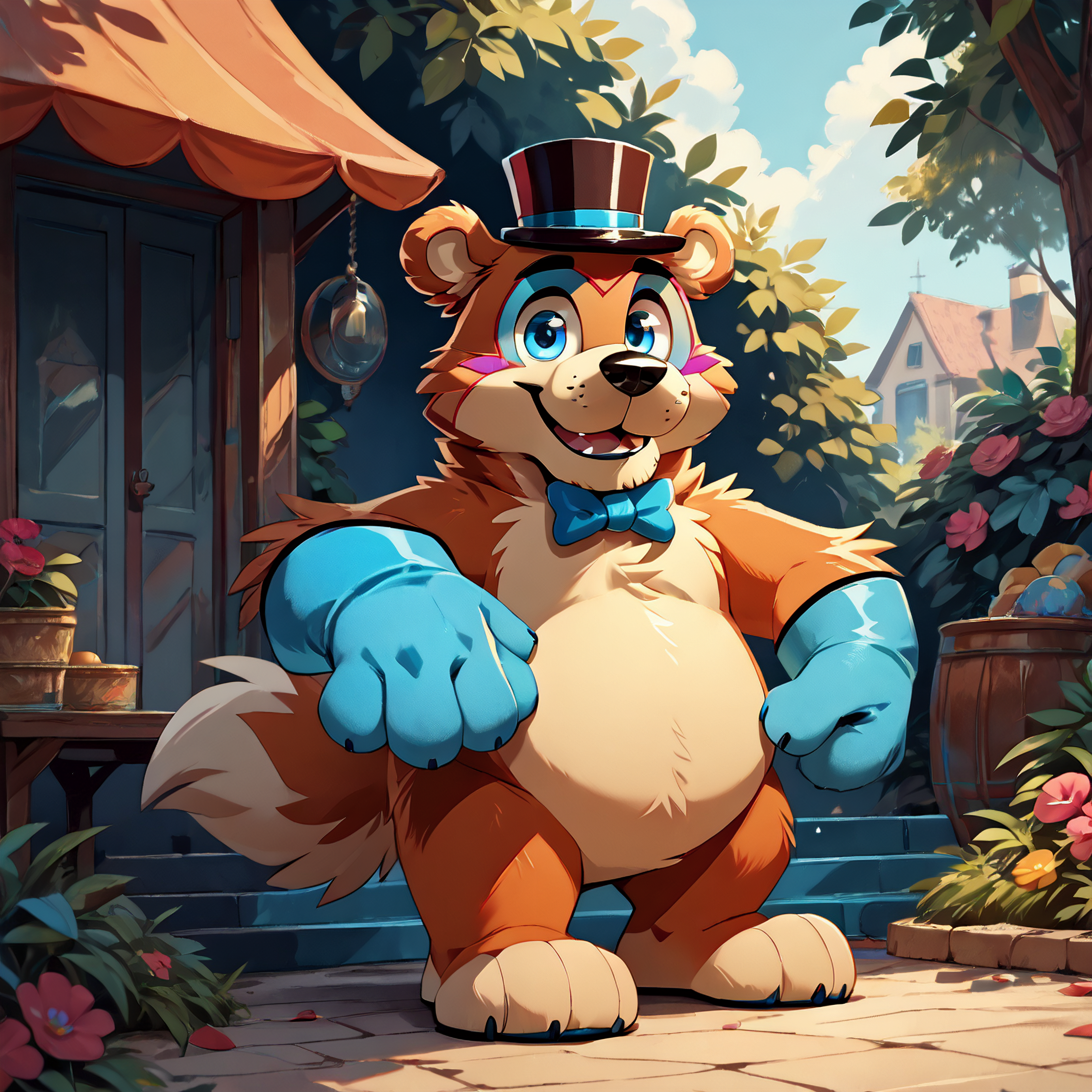 <lora:bigfreddy_ponyxl-10:1>  score_9_up, score_8_up, score_7_up, source_cartoon, best quality, masterpiece, outsude, park, park background, (bigfreddy), bear ears, solo, (looking at viewer), perfect body,  (perfect anatomy),  fluffy paws, (fluffy paws), detailed ears, detailed hands, detailed body, perfect body, (detailed hands), toony hands, toony body, toony head, zPDXL3, detailed hat,  male focus,  nice background, (flat chest), fluffy head:0.8, looking at viewer
 <lora:zy_Detailed_Backgrounds_v1:1.0>  <lora:HandFixer_pdxl_Incrs_v1:0.5>