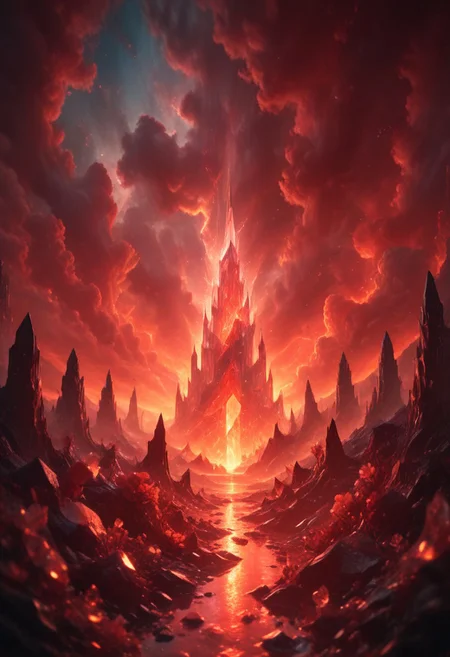 (8k landscape photography:1.2) an massive shiny crystal glass tower in an ethereal hell landscape surrounded by glowing flower crystals, a red sky,cloudy sky