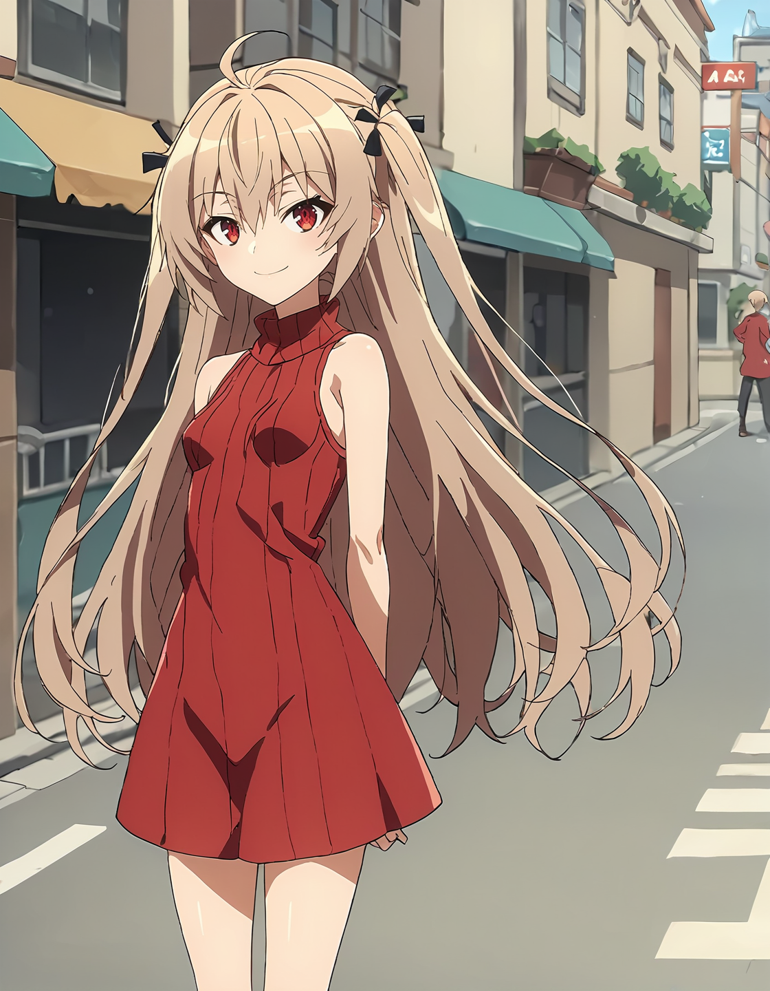 score_9, score_8_up, score_7_up, score_6_up, score_5_up, score_4_up, source_anime, <lora:ATRI_T1V1:0.85>, <lora:sdxl_lightning_8step_lora:1>, 
1girl, solo, anime screencap,
ATRI_T1V1, light brown hair, very long hair, two side up, hair between eyes, ahoge, red eyes, small breasts, 
hair black ribbon, eyes visible through hair, 
red dress, sweater dress, ribbed sweater, turtleneck, sleeveless, bare arms, skin tight, 
standing, arms behind back, head tilt, 
cowboy shot, 
looking at viewer, seductive smile, light blush, 
outdoors, street,