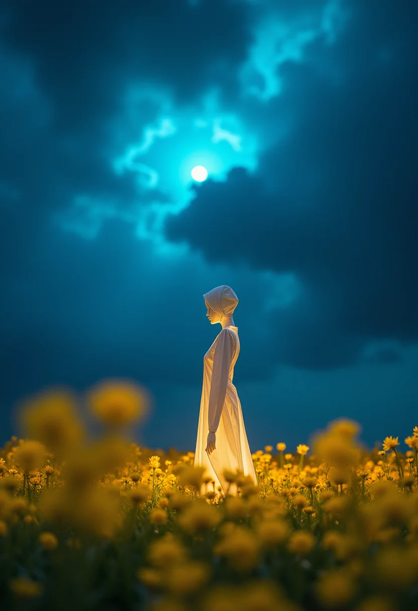 In the realm of a surreal world, a minimalistic white human origami figure stands frozen in a glowing field of delicate yellow flowers. Her slender form stands out against the chromatic splendor and is illuminated by the neon tones of the ominously beautiful dramatic sky above her. In this ethereal nightscape, dark blue and black clouds swirl with energy, casting an eerie but mesmerizing light. As the scene unfolds, you can't help but be captivated by the juxtaposition of beauty and elegance, each element harmonizing to create an extraordinary image. dark night