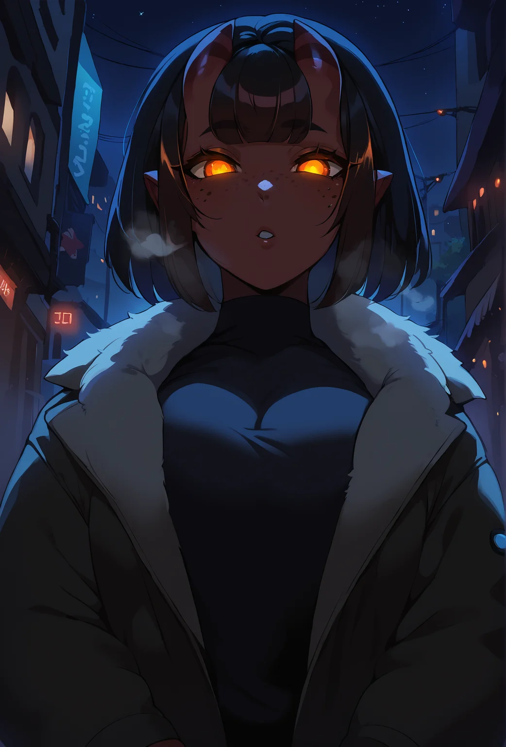 score_9, score_8_up, score_7_up, score_6_up, score_5_up, score_4_up, outdoors, dark theme, low light, urban starry sky, BREAK
<lora:meru_succubus_ponyxl_v1_unet:0.75> meru, 1girl, solo, looking at viewer, parted lips, breath, coat, shirt, freckles, large breasts, glowing eyes BREAK
<lora:Styles for Pony Diffusion V6 XL (Smooth Anime Night):1>