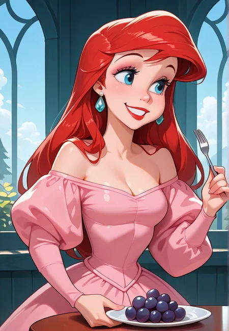 masterpiece, best quality, amazing quality, very aesthetic, absurdres, newest, detailed background,
ariel, 1girl, food, jewelry, red hair, earrings, fork, long hair, blue eyes, dress, fruit, solo, plate, makeup, lipstick, red lips, smile, puffy sleeves, holding fork, holding, pink dress, long sleeves, off shoulder, grapes, juliet sleeves, breasts,
<lora:Ariel_-_Disney_Illustrious:1>, masterpiece, best quality, amazing quality, very aesthetic, absurdres, newest,