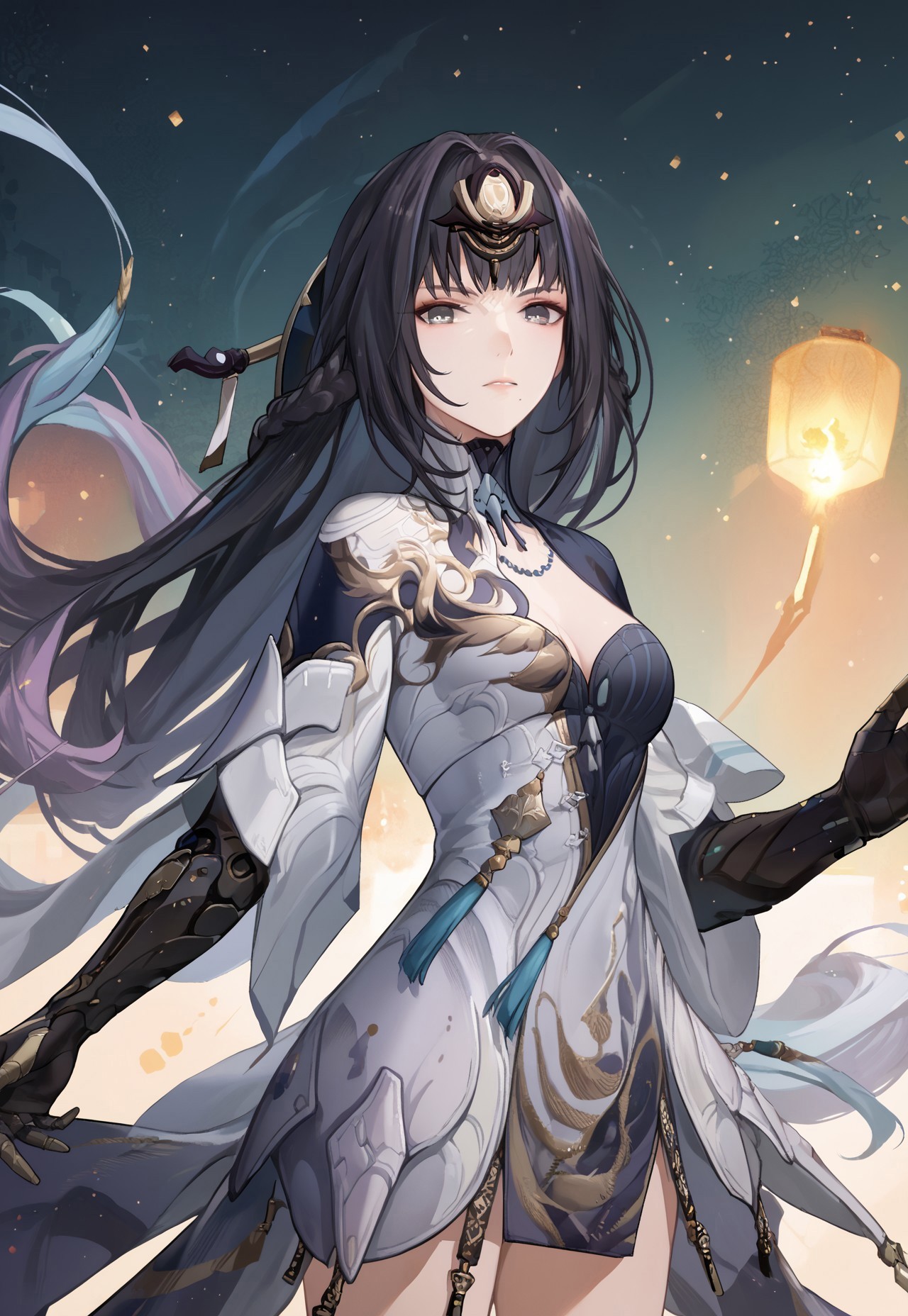 zPDXL3, score_9_up, score_8_up, score_7_up, Anime_source, mature body, Shukra, gray eyes, multicolored hair, black hair, lavender hair, mole under mouth, headgear, dress, mechanical arm, cowboy shot, particles, floating hair, looking_at_viewer, holding longsword