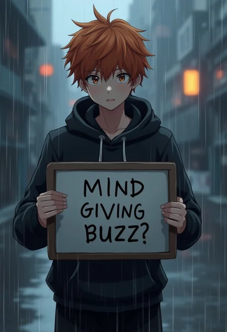 A ginger male, hoodie, black pants, holding a board with text "mind giving buzz?", solo, raining, standing outside, near a road, anime