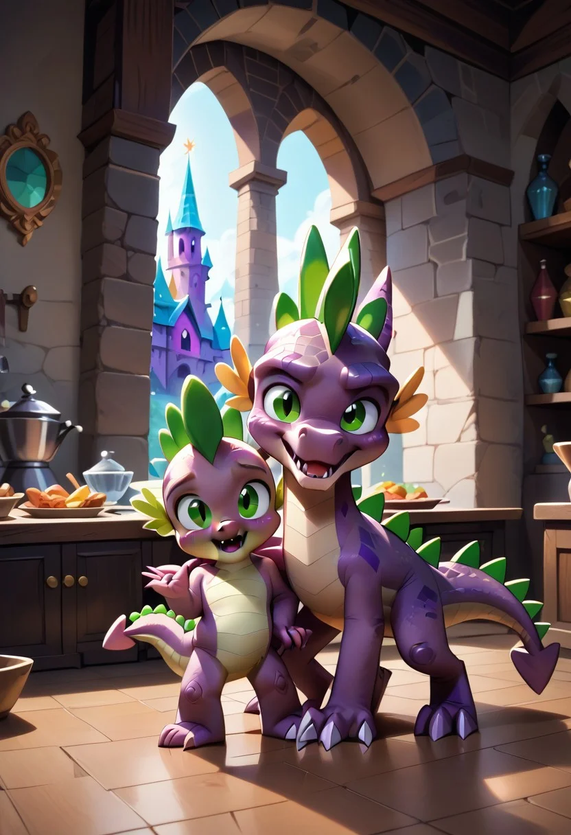 score_9, score_8_up, score_7_up, score_6_up, score_5_up, score_4_up, (2 characters, 2 dragons:2), (best quality, high quality:1), (large dragon with purple eyes and a small dragon with green eyes:0.75), purple skin, (large purple dragon with black eyes:0.7), (small purple dragon with green eyes:0.7), (Spyro the dragon and spike:0.25), <lora:Spike:0.85> by ishoka, by joelasko, by chochi, patb, g5, inside, rich colors, crystal castle, Crystal Empire, crystal heart in the center of the square, presents a painting of rabbits and pony, aroused, front view, detailed background, prepares food, detailed, 8k quality, side view, beautiful, close up, free actions, violet freckled dragon, mammal, (long torso), (dragon's tail), male, <3, tail heart, anthro, hi res, blush, ((one green eye)), large nose, dull fangs, tail gesture, warner brothers, violet scales, Spike, freckled, mammal, short, (big head), big forehead, (green spikes), man, anthropo, pink sclera, pose, warner brothers, purple body, open mouth, high quality, high definition wallpaper, 8k, complex details, Full HD, detailed lighting, paws, detailed eyes, freckled face, face view, Bent over, legs apart, looking at the viewer, maid outfit, kitchen, cute and wonderful familiar fantasy dragon witch, majestic, fantastic, mythical, magical, magic, dynamic, wonderful, peaceful,