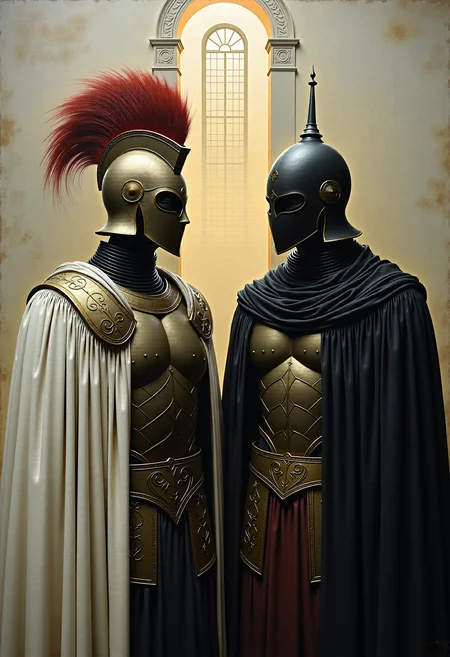 0n1r1c, Create a dramatic impasto painting with drips and painterly smudges of two majestic warriors, inspired by Achilles, the central character in Homer's Iliad, wearing futuristic, metallic full-body armor with a complex, segmented design. 

The painting is divided vertically into three sections.
The left section, only white, is dominate from Paris, his
warrior's helmet should have a striking red horsehair crest.
The background of this left section is a light white.
The middle section, only light gray, showcases a high, arched window below the upper edge of the painting, through which the moon shines.
The background of this middle section is a light gray.
The right section, only dark gray, is dominate from Achilles, his warrior's helmet should have a striking white horsehair crest.
The background of this right section is a dark gray.

Both helmets reminiscent of ancient Greek soldiers.
Both armors should have multiple plates and reinforcements, covering the entire body and combining both ancient and modern aesthetics. 

The shoulder plates and bracers of both armors should feature additional plating with gold accents. Both warriors should wear long, flowing black capes, adding a touch of royalty. Their overall appearance should exude strength, nobility, and a harmonious blend of the antique and the modern. Set the scene in a dark, grand hall with high, arched windows in the background. The painting should emphasize a combination of ancient grandeur and a futuristic, modern, and abstract style, with dramatic lighting features in a monochromatic scheme, primarily in shades of black, white, and gray.
