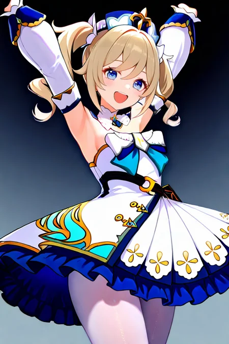 masterpiece, High quality, Ultra detailed, 2d, newest, absurdres, highres, BREAK
1girl, solo, <lora:barbara:0.8>, barbara_(genshin_impact), twintails, drills hair, blonde hair, white headwear, blue eyes, 
medium breasts, barbaradef, detached collar, bare shoulders, bow, frilled dress, strapless dress, white dress, strapless, long sleeves, detached sleeves, pantyhose, 
smile, open mouth, arms up, armpits,