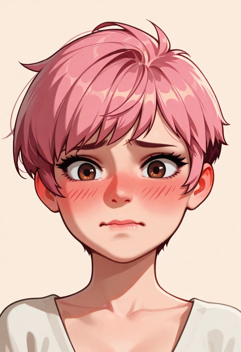 chibi, high contrast, masterpiece, best quality, amazing quality, very aesthetic, retro artstyle, realistic, promotional art, newest, volumetric lighting.
(artist:incase:0.5), (artist:tsuaii:0.5), color theory,
1girl, face, solo, straight-on, focus on face, front view, portrait, (embarrassed: 1.5), Pixie cut, pink hair, brown eyes, luminescent background, simple background.