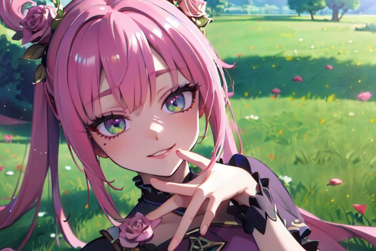 (masterpiece:1.4), 4K8K, (anime style), (high shutterspeed:1.4), (sharp edges), 
SyFyEye1, FanFo, 
1woman  hands togather,  leaning foward, face focus, smile, closed mouth, 
wearing Celtic style dress, (Detailed face, Detailed eyes, Detailed lips), (solo), 
pink hair, any colored roses, Fantastic, grass firld, lakeside,