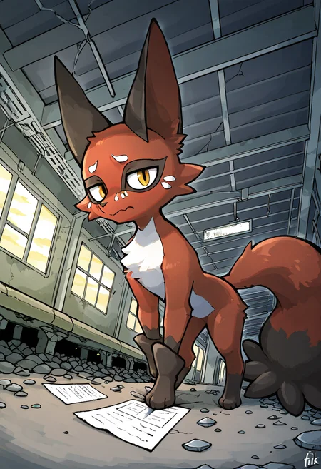 masterpiece, best quality, looking at viewer, zzNickit, abandoned train station, cracked stone platform, flickering terminal screen, empty benches, low camera angle, watchful posture, one paw on ledge, storm approaching â Atop a crumbling platform beneath a fractured terminal roof, zzNickit watches the horizon. Its body leans forward, one paw resting on the edge of a stone ledge. Above, thunderclouds build as wind howls through the broken windows, sending paper flyers skittering across the ground like ghosts of passengers long gone. ,<lora:NickitPokedex_IXL_v1:1.0>,