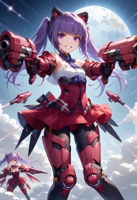 solo, score_9, score_8_up, score_7_up, source_anime, masterpiece, best quality, 1girl, icjayk, purple hair, twintails, blunt bangs, purple eyes, flat chest, small breasts,mecha musume, red armor,  gauntlets,  armored boots, red leotard, detached collar,  purple leotard, red gloves,  elbow gloves, red skirt, microskirt, fake animal ears, bare shoulders, black pantyhose, cameltoe, flying through space, space, galaxy, moon in background, dual pistols, aiming pistol against the camera, mecha musume, smile with teeth, naughty smile, covered nipples,