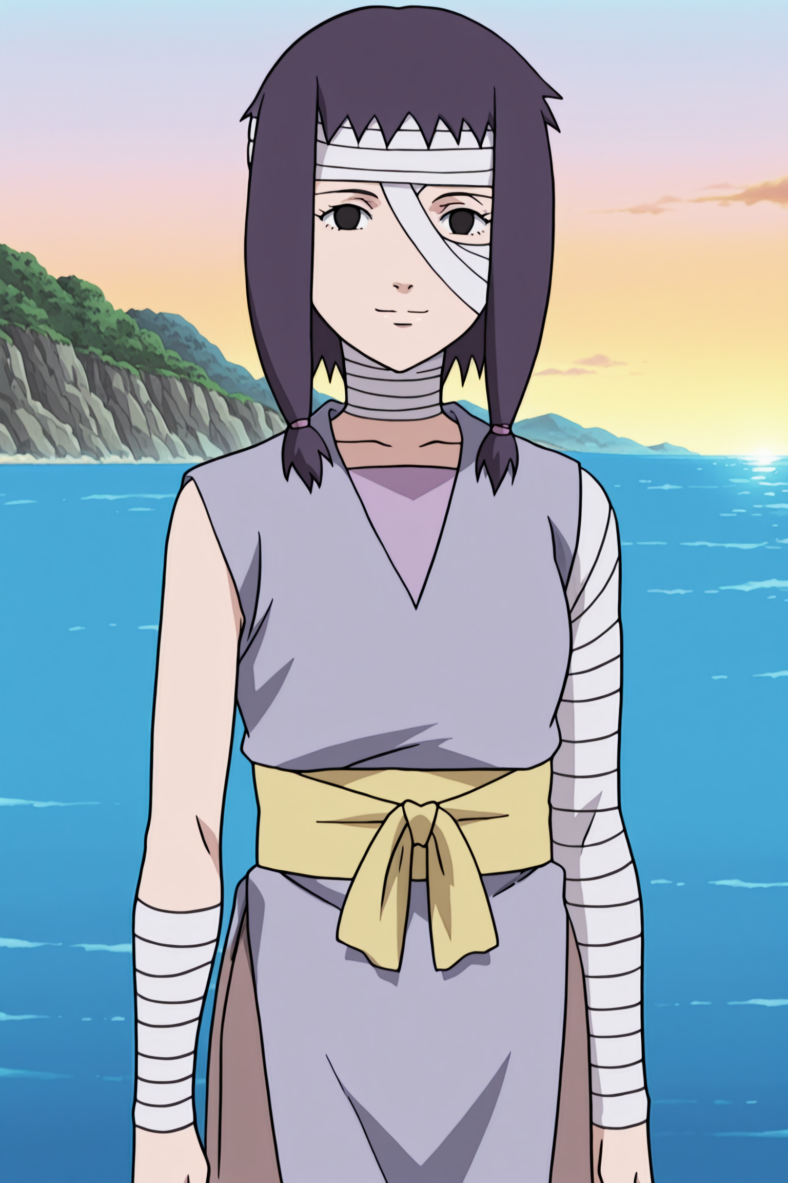 anime coloring,  anime screencap,
 <lora:Amaru_Hanare_Isaribi_and_Koyuki_Naruto:.9>
outside, near an ocean,
Isaribi (character), Isaribi's normal appearance, 1girl, solo, bandages, black eyes, bandaged arm, purple hair, bandaged head, sash, light smile, cowboy shot, looking at the viewer