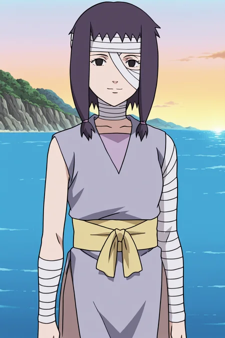 anime coloring,  anime screencap,
 <lora:Amaru_Hanare_Isaribi_and_Koyuki_Naruto:.9>
outside, near an ocean,
Isaribi (character), Isaribi's normal appearance, 1girl, solo, bandages, black eyes, bandaged arm, purple hair, bandaged head, sash, light smile, cowboy shot, looking at the viewer