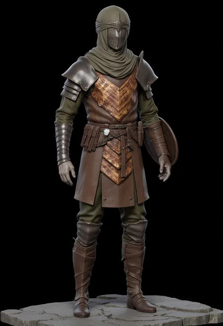 Bandit dressed in a medieval fantasy  Adventurer Set 
 wearing distinctive layered armor. The character has a sturdy leather breastplate decorated with an eye-catching chevron pattern in copper or bronze tones. Their outfit consists of olive green padded clothing underneath, with short pants and wrapped arm guards. A light head wrapping and simple circlet protect their head, while practical leather boots complete the outfit. The armor design suggests a blend of protection and mobility, suited for traversing rough terrain. The color palette harmonizes earthy tones - browns, greens, and copper. The overall style appears influenced by fantasy RPG character design, with a practical adventurer's aesthetic that balances form and function.
 Their face is obscured by shadows.
Standing on a flat gray ground  and black background, the camera angle is high rotated at a 45 degree angle
Set against a solid dark black color background to emphasize its unnatural form that emphasizes its silhouette. The medium is not a traditional painting or illustrative medium like watercolor or ink but rather a digital 3D rendering.
MikeFranchinastyle, bbstyle,, horror theme,, ZBClay model of a gray sculpture, zbrush, d4arks0uls, overcast lighting, jedioutfit