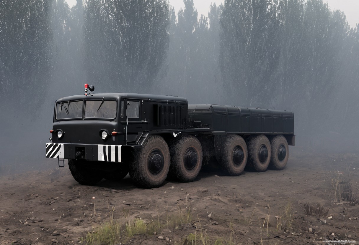 MAZ-537 Drives through the black bush, without raising a cloud of black dust, a large body behind the cabin.
side view
