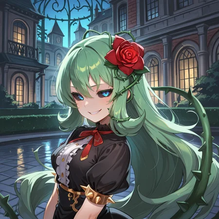 <lora:ChamIllustriousBackgroundEnhancer:0.5> <lora:illustrious_quality_modifiers_masterpieces_v1:0.8> , masterpiece, very aesthetic, absurdres, best quality, amazing quality, high resolution, newest, very awa, scenery, volumetric lighting, solo, looking at viewer, <lora:ToraIllustrious:0.8> , tordef, 1girl, solo, long hair, green hair, black sclera, blue eyes, hair flower, neck ribbon, center frills, black dress, frilled dress, gold trim, juliet sleeves, yellow armlet, spiked armlet, thorns, vines, ((upper body)), exterior, garden, courtyard, mansion, evil grin,