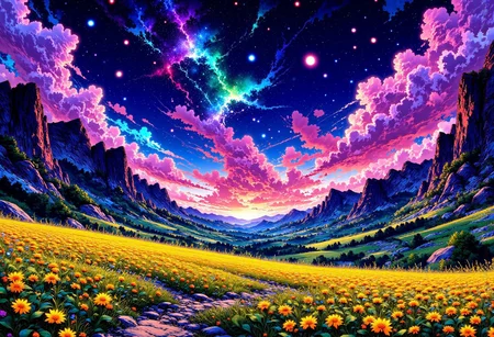 The picture reveals a cosmic landscape, where the scenery of the valley is transformed into a psychedelic surrealism dreamscape at dusk or dawn. Stars and shooting stars dance in the sky, their vibrant colors swirling and blending into a kaleidoscope of hues. Below, a meadow of small flowers appears fragmented into pieces, each petal radiating with otherworldly brightness, while the mountains in the distance are made of rock, their forms distorted and flowing like liquid stone. This breathtaking visual experience is imbued with a beautiful aesthetic, capturing an intrinsic quality that feels both tangible and ethereal. The highly detailed imagery, enhanced by a depth of field effect, mirrors the complexity of the cosmos, resulting in an 8k photo that bursts with HDR brilliance. Captured with a Canon EOS R5 and a 75mm lens, this casual photo transcends reality, inviting viewers into a realm where beauty and surrealism collide. Isnpired by the art of Boris Vallejo.