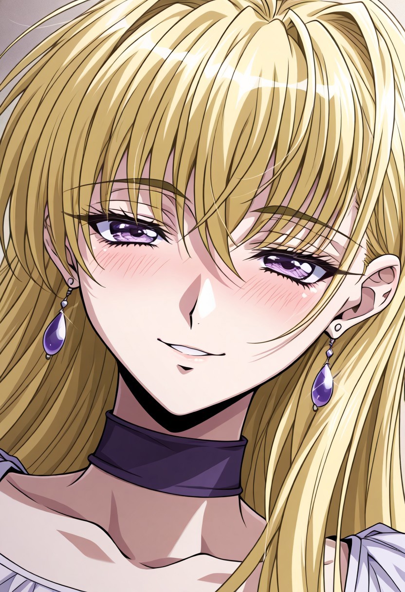 masterpiece, best quality, newest, highres, uncensored, 1girl, yokota mamoru style,1girl, slender face，motion lines,torogao,looking at the viewer,seductive smile,blush
Cecilia Game,Ahoge Hair, Blonde Hair, Waist Length Hair,Long Hair,Violet Eyes,Large Eyes,Choker,Slim
Slender Face,
Slim solo, open eyes, earrings, jewelry, long hair, blush, close-up,, dutch angle, portrait,happy