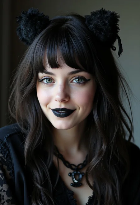 32k RAW UHD Candid Photography, Sharp Outlines, aidmaMJ6.1 <lora:aidmaMJ6.1:0.7>, Grunge Art Style, oiled skin, detailed skin, pores, skin fuzz, goosebumps, skin creasing, freckles, skin moles . 22 years old French Canadian female goth Catherine, eyeliner, black lipstick, emo, artsy . happy, delicate smile, harmonious, rich colors, photography <lora:amateurphoto-v3.5:0.7>