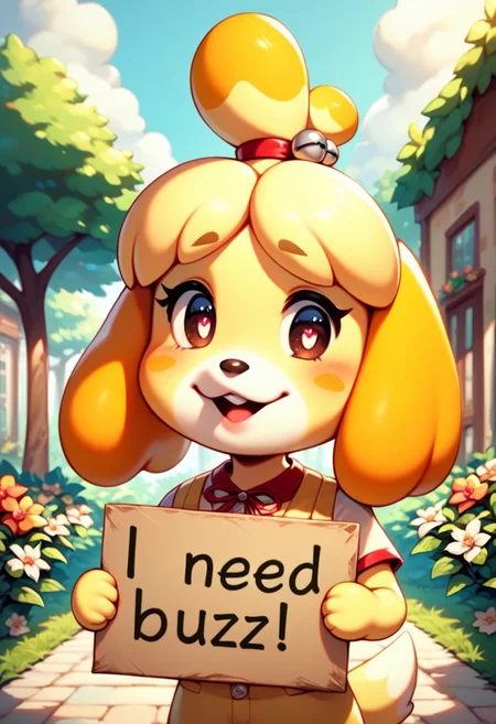 score_9, score_8_up, score_7_up, score_6_up, source_anime, Isabelle from animal crossing holding a sign, clearly spelled text, sign says I love you, pretty eyes, beautiful park background, solo, upturned eyebrows, puppy dog eyes, pitiful, holding sign