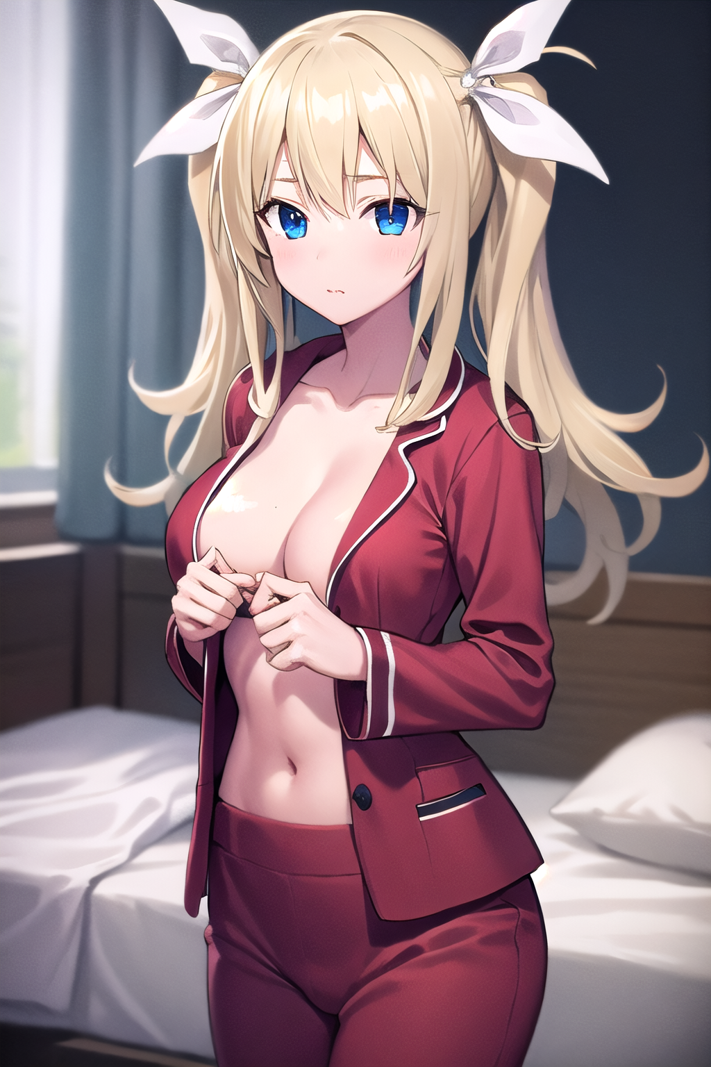 masterpiece, best quality, ultra-detailed, 1girl, pajamas, no bra, Arimura, blonde hair, blue eyes,  hair ribbon, white ribbon,