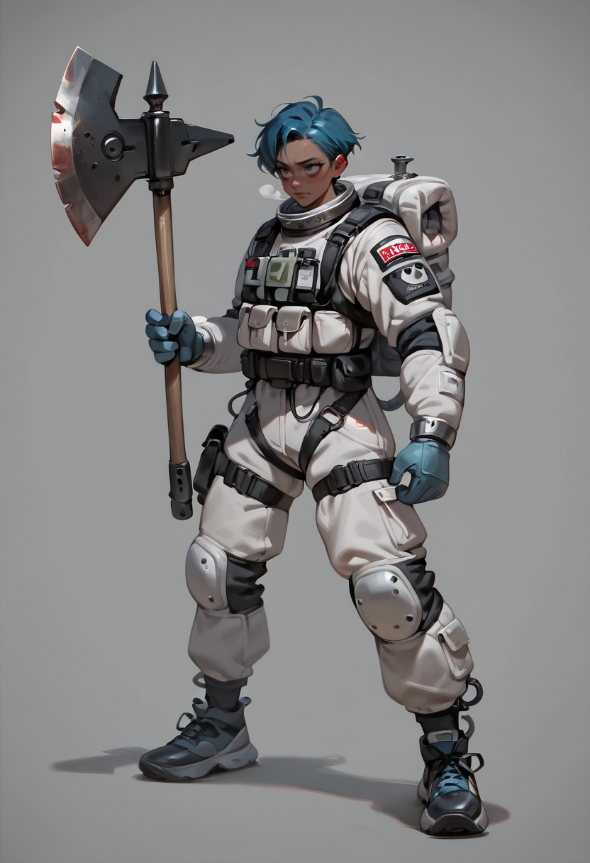 1girl,   blue hair,  short hair,       dark skin,   
BREAK  1girl, holding axe, fighting stance,         
BREAK      bags under eyes, empty eyes, utsurome, symbol-shaped pupils,         torn clothes,  thick space suit, astronaut, (grey background),       
BREAK general, very awa, masterpiece, best quality, absurdres, highres, newest, <lora:Otididae_v1.0:0.8>