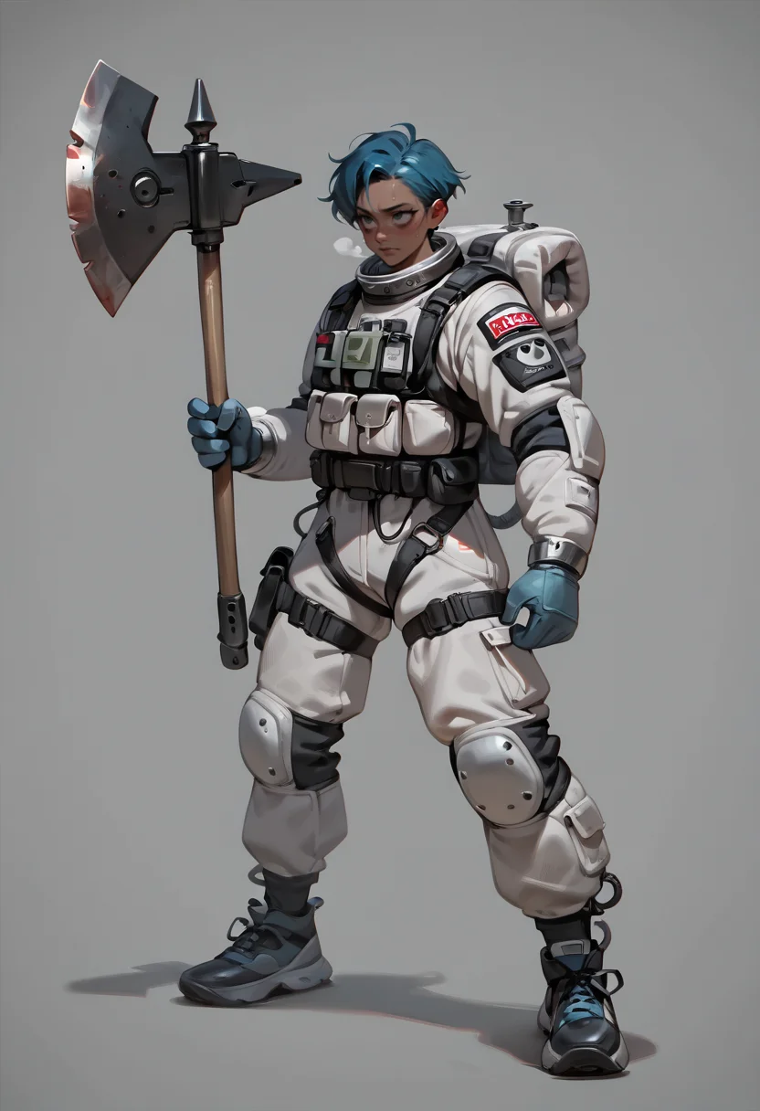 1girl, blue hair, short hair, dark skin,
BREAK 1girl, holding axe, fighting stance,
BREAK bags under eyes, empty eyes, utsurome, symbol-shaped pupils, torn clothes, thick space suit, astronaut, (grey background),
BREAK general, very awa, masterpiece, best quality, absurdres, highres, newest, <lora:Otididae_v1.0:0.8>