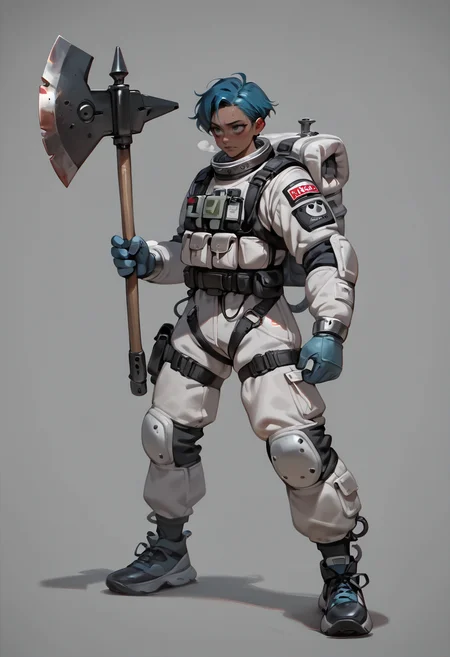 1girl,   blue hair,  short hair,       dark skin,   
BREAK  1girl, holding axe, fighting stance,         
BREAK      bags under eyes, empty eyes, utsurome, symbol-shaped pupils,         torn clothes,  thick space suit, astronaut, (grey background),       
BREAK general, very awa, masterpiece, best quality, absurdres, highres, newest, <lora:Otididae_v1.0:0.8>
