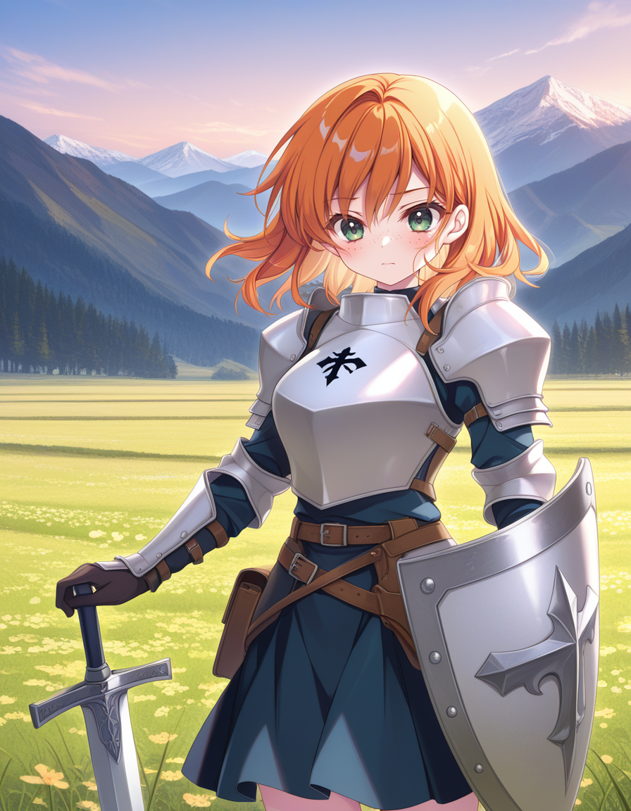 (1zum1),   <lora:1_illu_izumi_tsubasa_7e:1>, 1girl, armor, sword and shield, skirt, freckles, orange hair, medium hair, green eyes, field, mountains, (masterpiece, best quality, amazing quality),