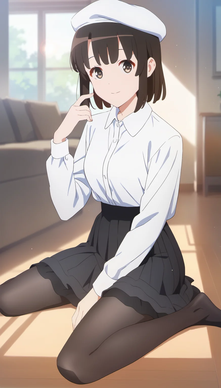 score_9,score_8_up,score_7_up,
<lora:megumikato>,
katomegumi,
1girl,solo,black hair,bangs,short hair,brown eyes,looking at viewer,smile,white beret,white long sleeve shirt,black layered skirt,black pantyhose,black socks,no shoes,
sitting,
blurry background,bloom,bloom,light particles,lens flare,indoors,living room,window,