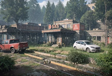 ,ruanyi0763,outdoors,tree,building,ruins,gas station,,ruanyi0732,snowing,<lora:0763 post apocalypse_v1_pony:0.8>,<lora:0732 winter_v1_pony:1>, score_9,score_8_up,score_7_up,,8k,1girl,solo,