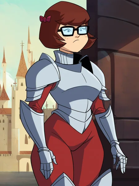 <lora:Velma:0.7> ve_ma, 1girl, bob hair, auburn hair, small red bows on hair, black eyes, thick-framed square glasses, freckles,
((steel knight armor)), castle background, hips, score_9, score_8_up, score_7_up,