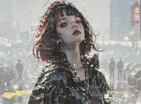 score_9, score_8_up, score_7_up, Fighting scene, shot from above, looking up against all odds, 1girl, pale skin, medium breasts, <lora:sm0k3XLP:1>, <lora:goth_clothes:1>, goth casual clothes, jewelry, black stockings, black shorts, crimson red hair, black highlights, <lora:Our_Muted_Future_Style:1>, <lora:retro-neon-style:1> retro_neon,