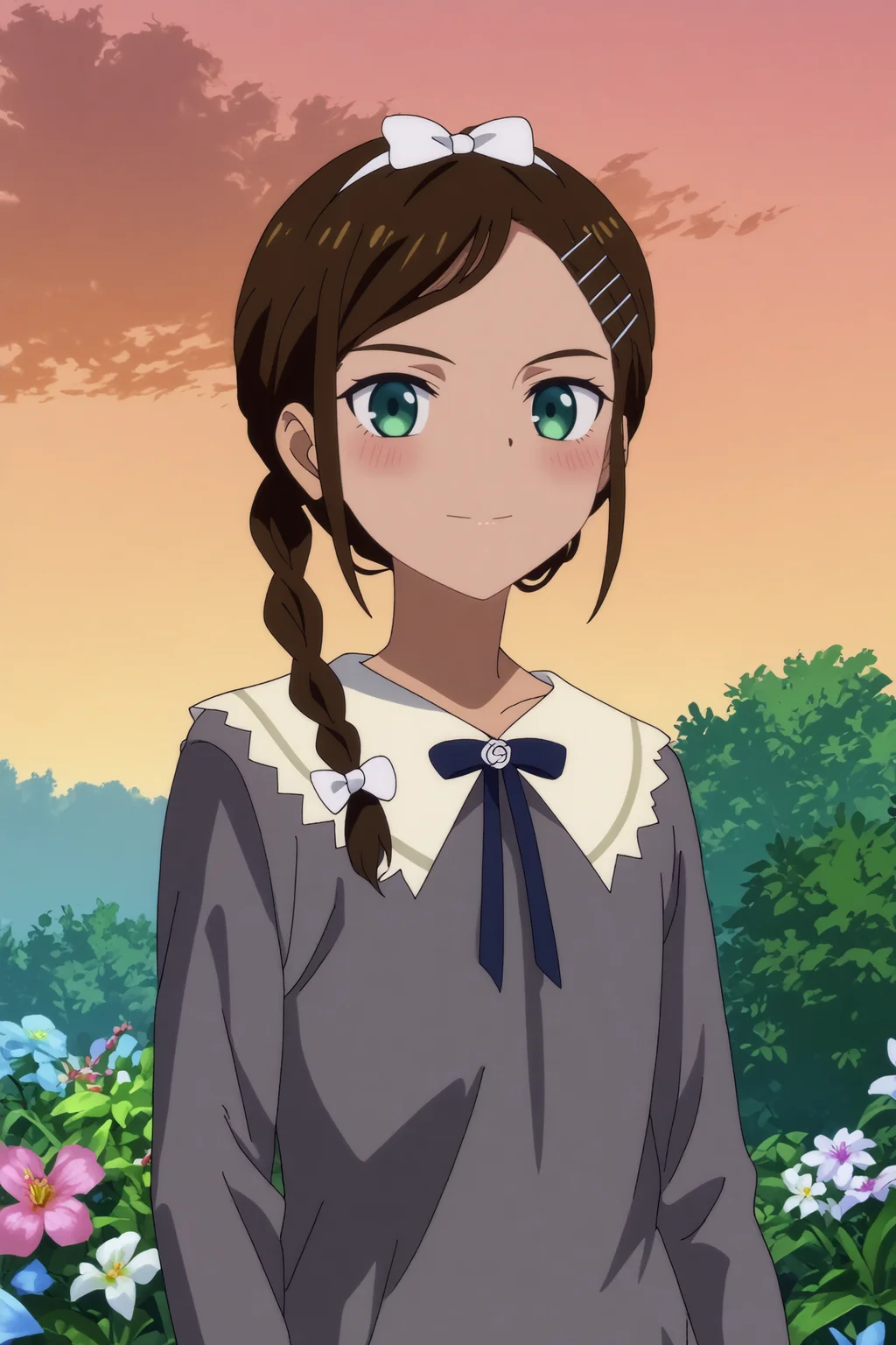 aonuma neiru,1girl,solo,smile,hair ornament,flower,hairclip,dark skin,short hair,braid,dress,twin braids,hair bow,long sleeves,upper body,hand on chest BREAK outdoors,sunset,orange sky,cityscape <lora:Aonuma_Neiru_-_Wonder_Egg_Priority.safetensors:0.8> <lora:detailed_backgrounds_v2.safetensors:0.5>