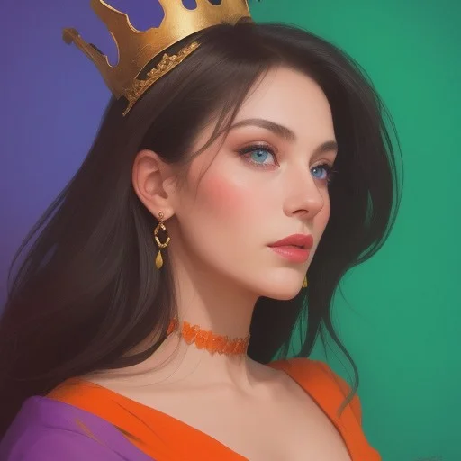 Portrait of a beautiful Queen.
Orange, red, green, purple colors only.