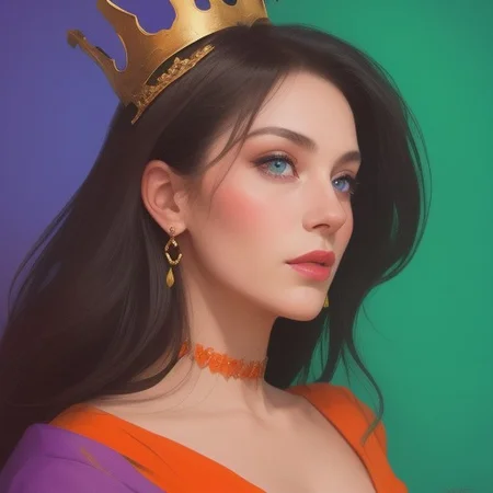 Portrait of a beautiful Queen.
Orange, red, green,  purple colors only.