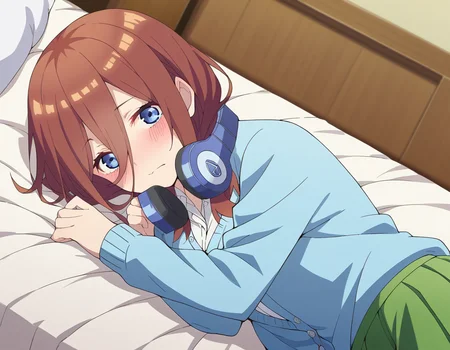 score_9, score_8_up, score_7_up, source_anime,
mikunakano, <lora:miku-nakano-s2-ponyxl-lora-nochekaiser:1>,
miku nakano, long hair, bangs, blue eyes, brown hair, shirt, hair between eyes, headphones, cardigan, headphones around neck,
skirt, shirt, long sleeves, white shirt, pantyhose, pleated skirt, black pantyhose, cardigan, green skirt, blue cardigan,
indoors, bed, bed room, on side, blush, drunk,
looking at viewer, cowboy shot, dutch angle, solo,