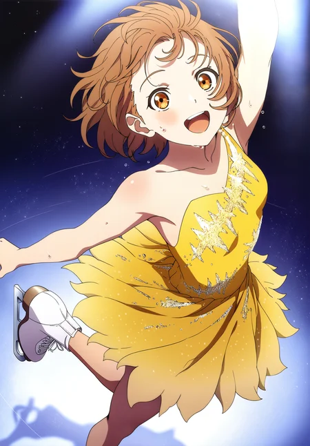 <lora:MeMax5-noob-vpred:1>,1girl,arm up,brown hair,dress,from above,figure skating dress,ice skates,looking at viewer,orange eyes,short hair,skates,smile,solo,spotlight,yellow dress,dynamic light,standing on one leg,happy,open mouth,sweat,