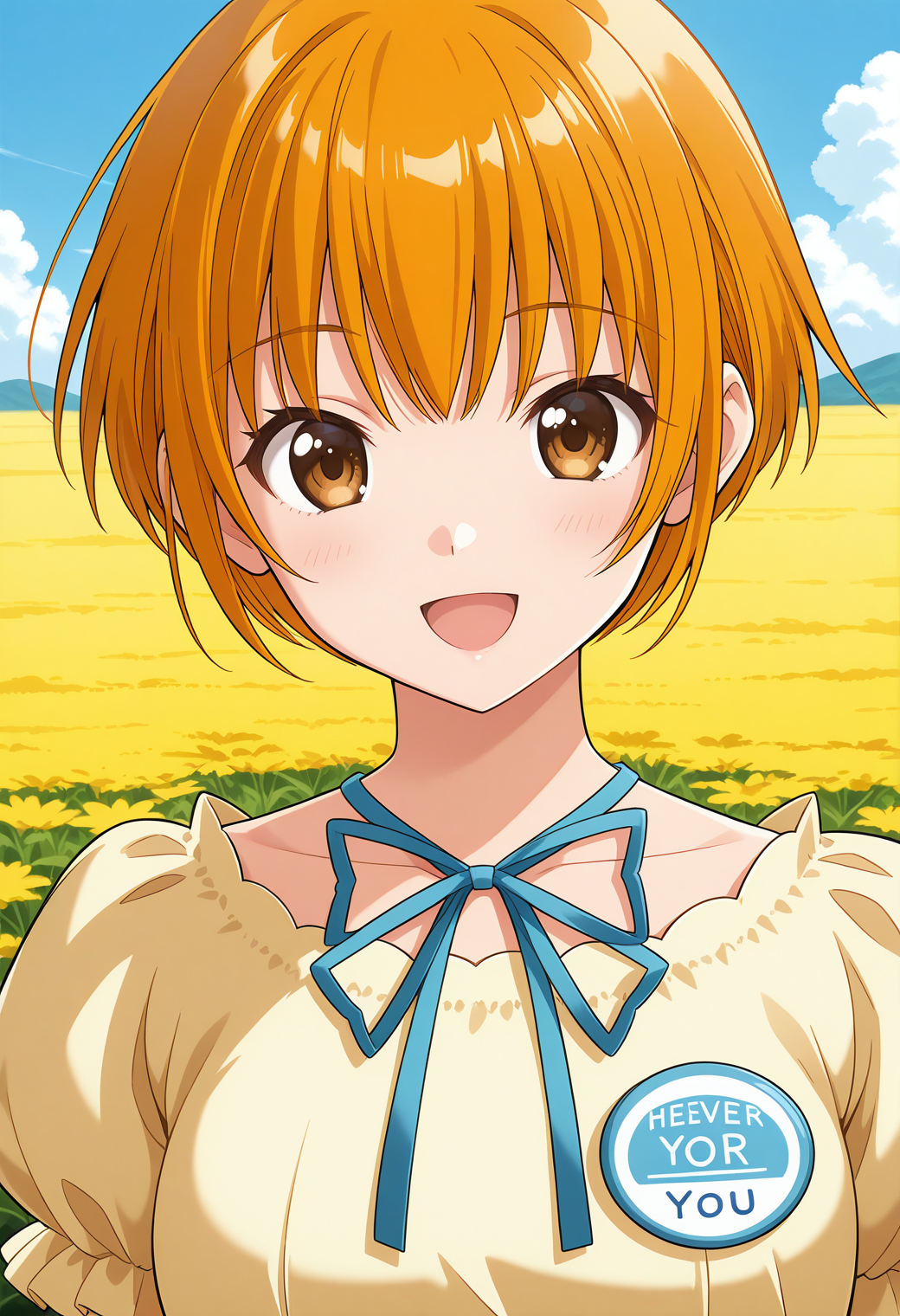 ever17_you, brown eyes, orange hair, short hair, name tag, blue ribbon, neck ribbon, bowtie, blue bow, yellow dress, puffy short sleeves, frills, <lora:ever17_you_illustrious_ver1:0.8>
smile, masterpiece, best quality, general,, 1girl, solo, (field:1.2), (blue sky:1.2), looking at viewer,, (upper body:1.2), (close-up:1.2), (facing viewer:1.2), (open eyes:1.4), (portrait:1.2)