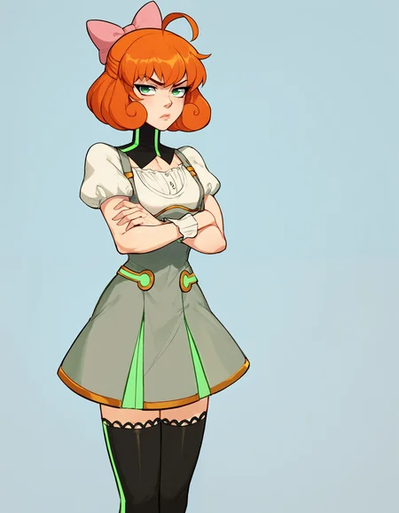 Penny Polendina, crossed arms, annoyed, green eyes, short hair, pink bow, gorget, black thighhighs, neon trim, gold trim, short dress, grey dress, underbust, white blouse, lips, score_9, score_8_up, score_7_up, score_6_up, score_5_up, score_4_up, <lora:PennyPolendinaPDXL:1>