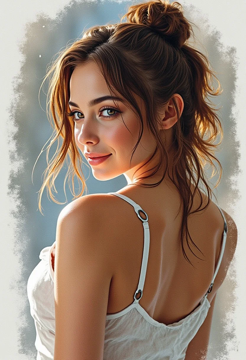 Beauty, realism, cinematic quality, chiaroscuro, rays of light, play of shadow and light, cinematic style, cute cyber girl in the shower, cyberpunk, metal, plastic and glass, water drops on the skin, looking away, smiling, pixie style, beautiful, daring, intriguing, intimate, sensual, watercolor, grunge, sketch