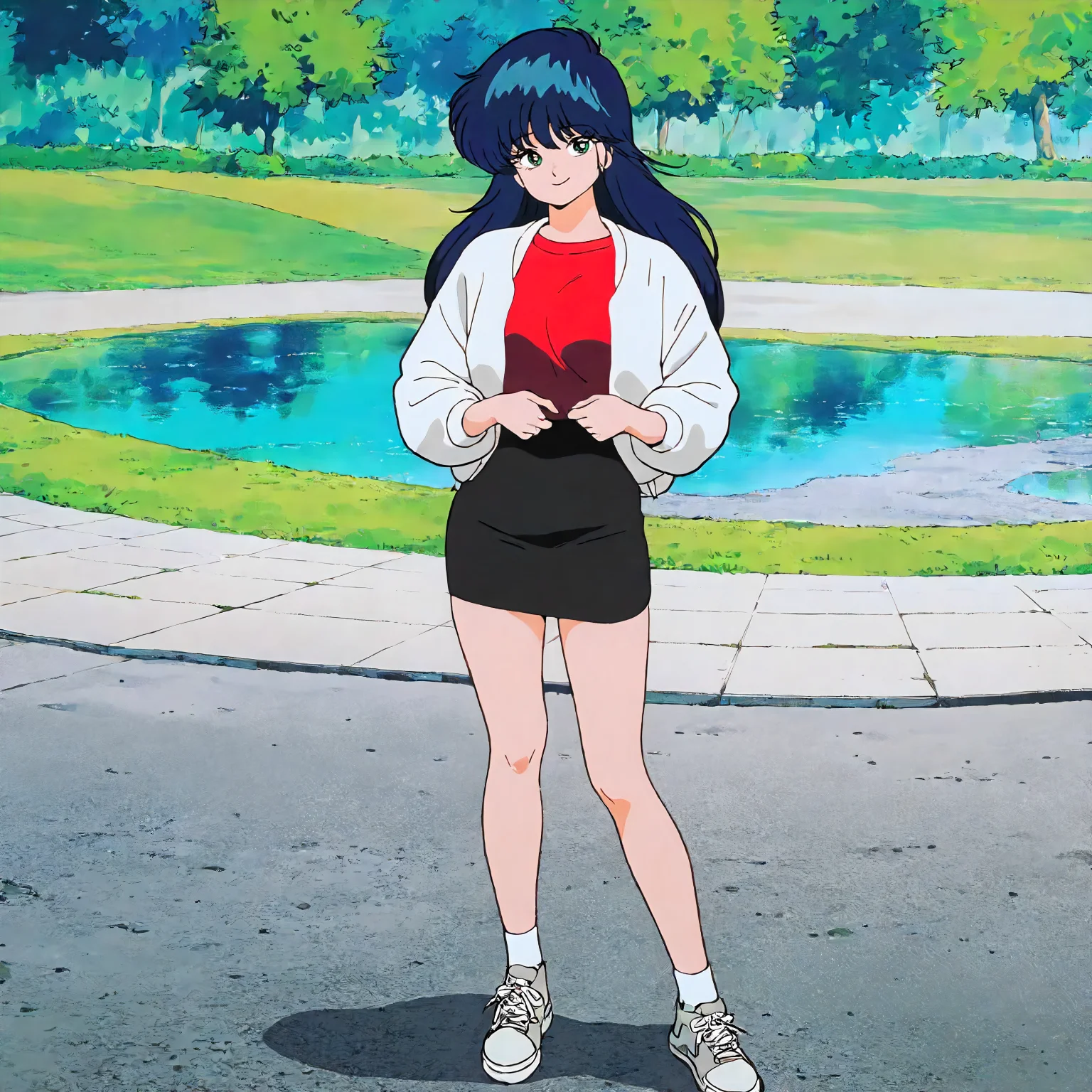 <lora:KOR_MadokaAyukawaXLIllustrious002>,
masterpiece,best quality,good quality,newest,
outdoors,park,pond,
smile,
looking at viewer,
solo,
MadokaAyukawa,1girl,blue hair,long hair,green eyes,
breasts,
white jacket,red shirt,
black miniskirt,
sneakers,
full body,standing,