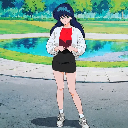 <lora:KOR_MadokaAyukawaXLIllustrious002>,
masterpiece,best quality,good quality,newest,
outdoors,park,pond,
smile,
looking at viewer,
solo,
MadokaAyukawa,1girl,blue hair,long hair,green eyes,
breasts,
white jacket,red shirt,
black miniskirt,
sneakers,
full body,standing,