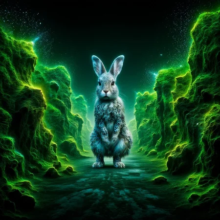 An image of a dystopian jungle at night in Blade Runner style with neon fluorescent dust, a cyberpunk rabbit with reflective skin sits directly centre of image slowly dissolving into space, ral-dissolve.