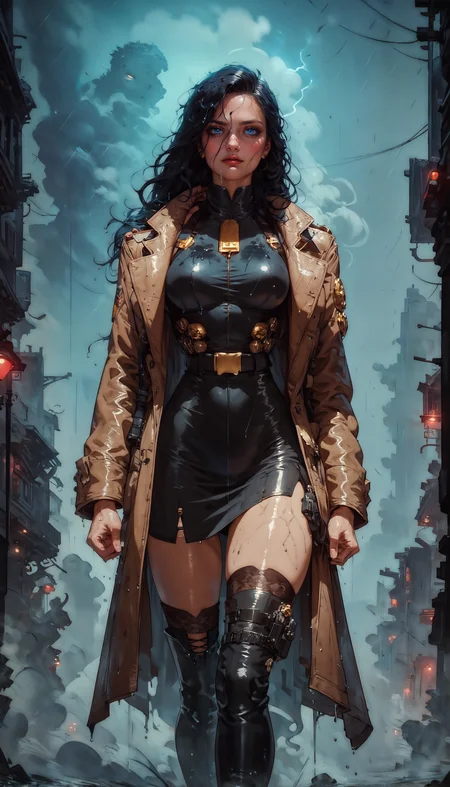 score_9, score_8_up, score_7_up, score_6_up,  1girl, (solo), black hair, noir, gold body jewelry, wet hair, cute detective, shiny skin, wet skin, trench coat, fedora, holster, belts, thighhighs, blue eyes BREAK dark new york streets, raining, walking in the storm, smoke, fog, lightning in background, knva, halftone effect, Expressiveh   <lora:sinfully_stylish_SDXL>  <lora:add-detail-xl:1>  <lora:xl_more_art-full_v1:0.7>  <lora:Kenva:1>  <lora:Concept Art Twilight Style SDXL_LoRA_Pony Diffusion V6 XL:1>  <lora:jl33XLP:0.8>  <lora:Expressive_H-000001:0.8>