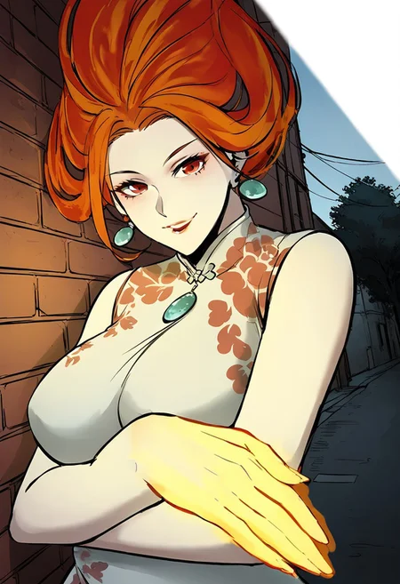 score_9, score_8_up, score_7_up,(very aesthetic:1.2),masterpiece ,high quality,detialed,best quality,perfect anatomy,beautiful detailed eyes
BREAK
looking at viewer,upper body,from side,
BREAK
b1f4ngl0ng,red eyes,orange hair,floating hair,seductive smile
BREAK
leaning back,on the wall,crossed arms,fire,yellow hand,fire in hand
BREAK
outdoors,chinatown,road