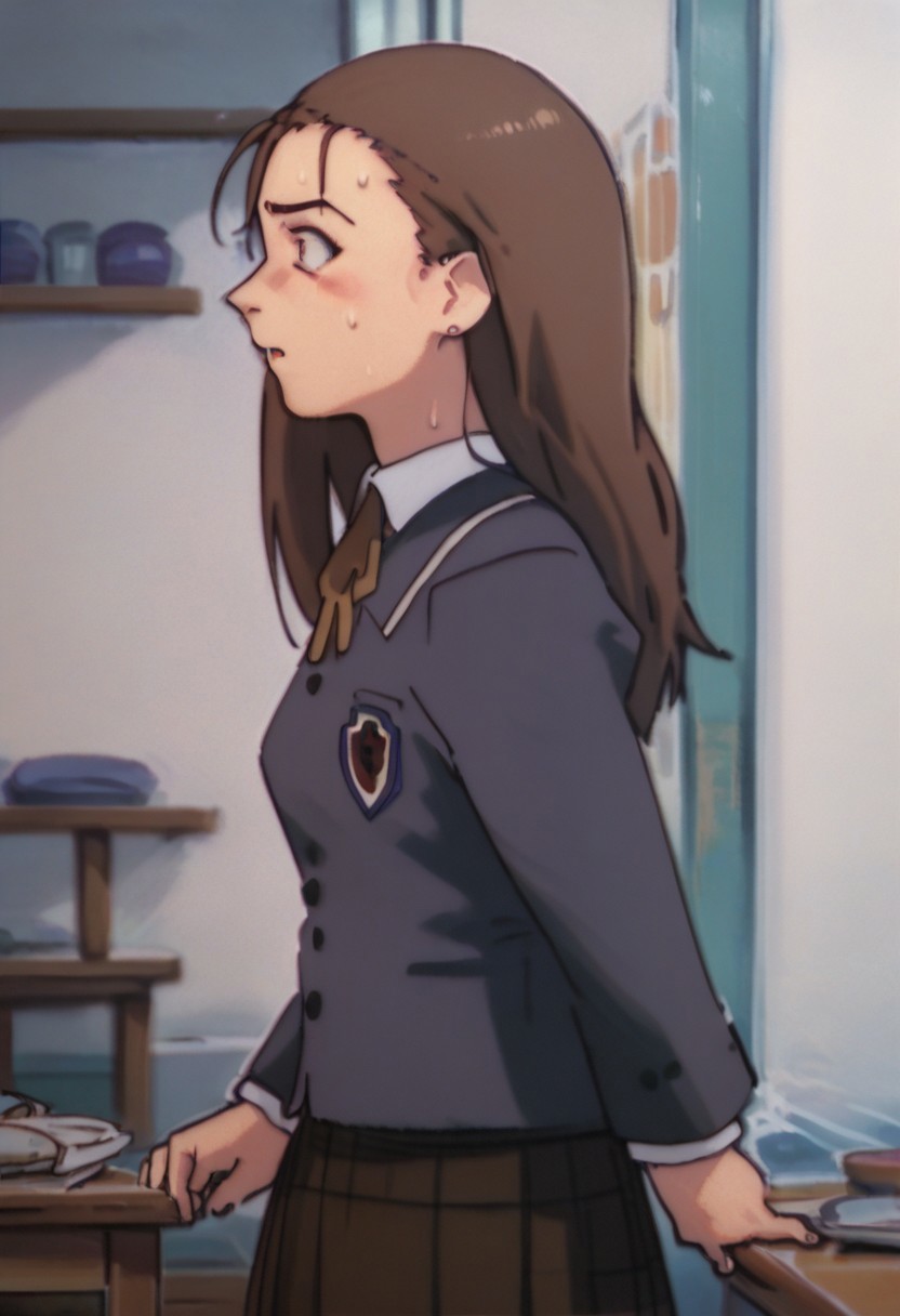 score_9, score_8_up, score_7_up, score_6, source_anime, iwakura mika, (((school uniform))), standing up, chibi, side view, ((pulling door, opening door)), sweating, scared, curious, empty restaurant room, empty restaurant background