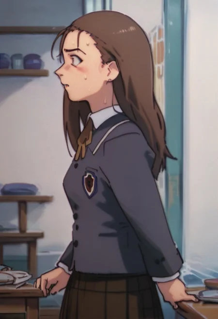 score_9, score_8_up, score_7_up, score_6, source_anime, iwakura mika, (((school uniform))), standing up, chibi, side view, ((pulling door, opening door)), sweating, scared, curious, empty restaurant room, empty restaurant background