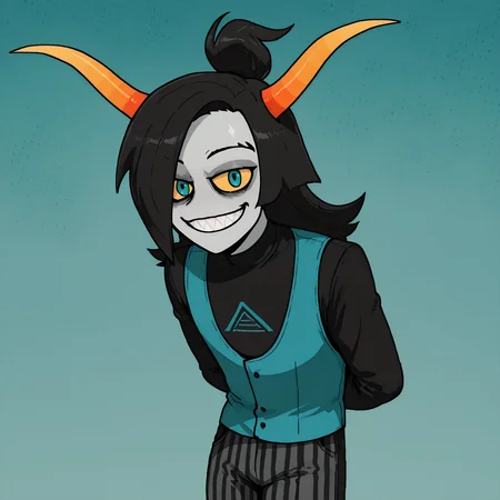 score_9, score_8_up, score_7_up, HD, best quality, masterpiece, tokafan, teal background, dot theme, 2D, gradient, tagora, 1boy, solo, homestuck troll, grey skin, coloured skin, yellow sclera, coloured sclera, black hair, long hair, small ponytail, hair over one eye, teal eyes, horns, orange horns, black sweater, symbol on sweater, teal vest, striped pants, wide smile, sharp teeth, looking at viewer, arm behind back, outline