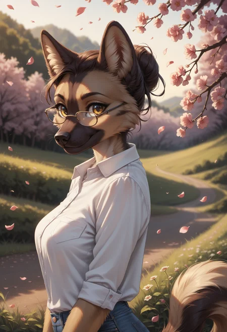 score_9, score_8_up, score_7_up, source_furry, high quality, perfection, detailed, aesthetic, well-lighted,
meadow, road, bright sun, strong wind, petals,
1girl, solo, upper body, side view,
furry female, anthro, furred body, fluffy fur, beautiful girl, cute girl, young, youthful, beautiful face, beautiful eyes, perfect eyes, detailed eyes,
german shepherd girl, medium breasts, yellow eyes, fluffy tail, tail up, good eyes,
white shirt, jeans, glasses,
smile, looking to side,
<lora:princess_xl_v2:0.6>, <lora:p_ami_v10_adafactor:0.4>, <lora:incase-ilff-v3-4:0.5>, <lora:CleanDetailed_Eyes:0.25>,âââ